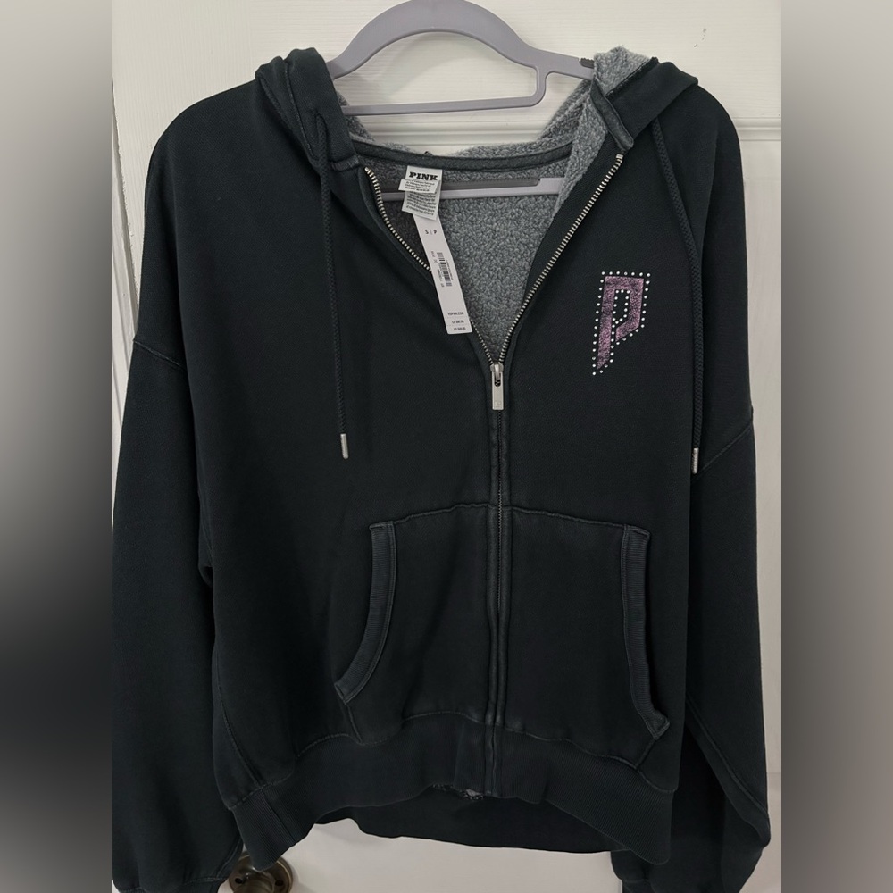 PINK Victoria's Secret Dark Gray Sherpa-Lined Zip Hoodie